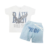 Kids RAW World Tour Light Blue Bling Crew Neck T-Shirt and RAW Wing Light Blue Bling Cotton Shorts Set