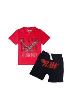 Kids RAW World Tour Red Bling Crew Neck T-Shirt and RAW Wing Red Bling Cotton Shorts Set