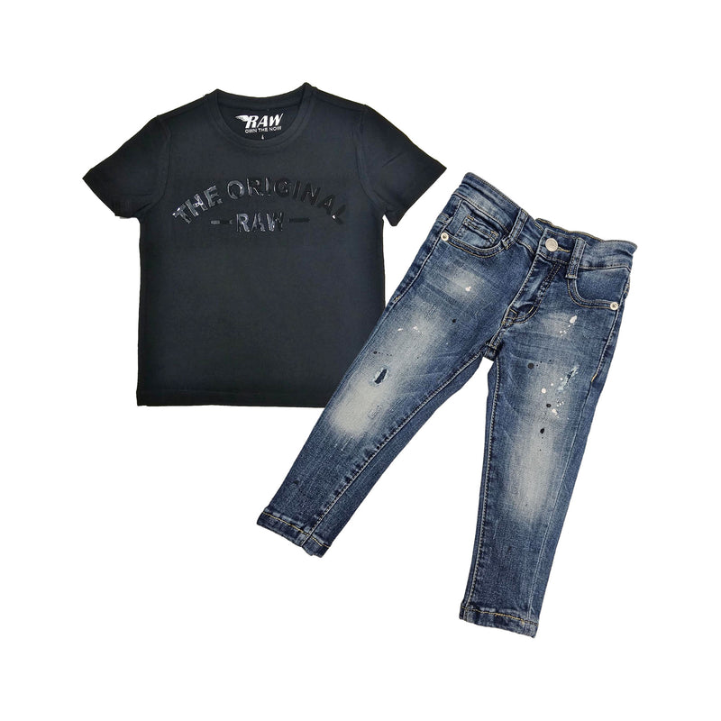 Kids The Original -RAW- Black Silicone Crew Neck T-Shirt and Denim Jeans Set