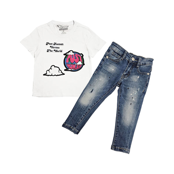 Kids Post Human Vs The World Chenille Crew Neck T-Shirt and Denim Jeans Set