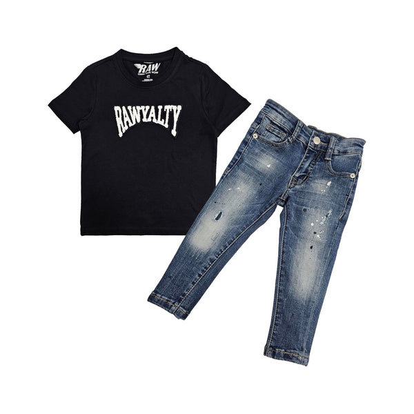 Kids Rawyalty White Chenille Crew Neck T-Shirt and Denim Jeans Set