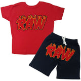 Kids RAW Flame Red Chenille Crew Neck and Cotton Shorts Set