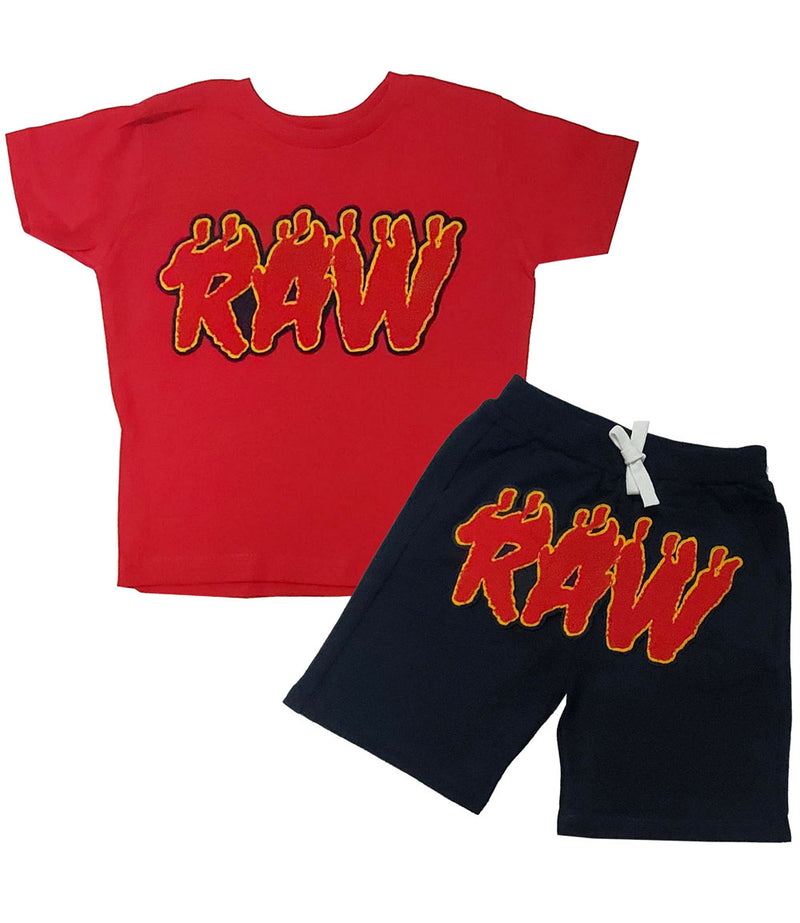 Kids RAW Flame Red Chenille Crew Neck and Cotton Shorts Set