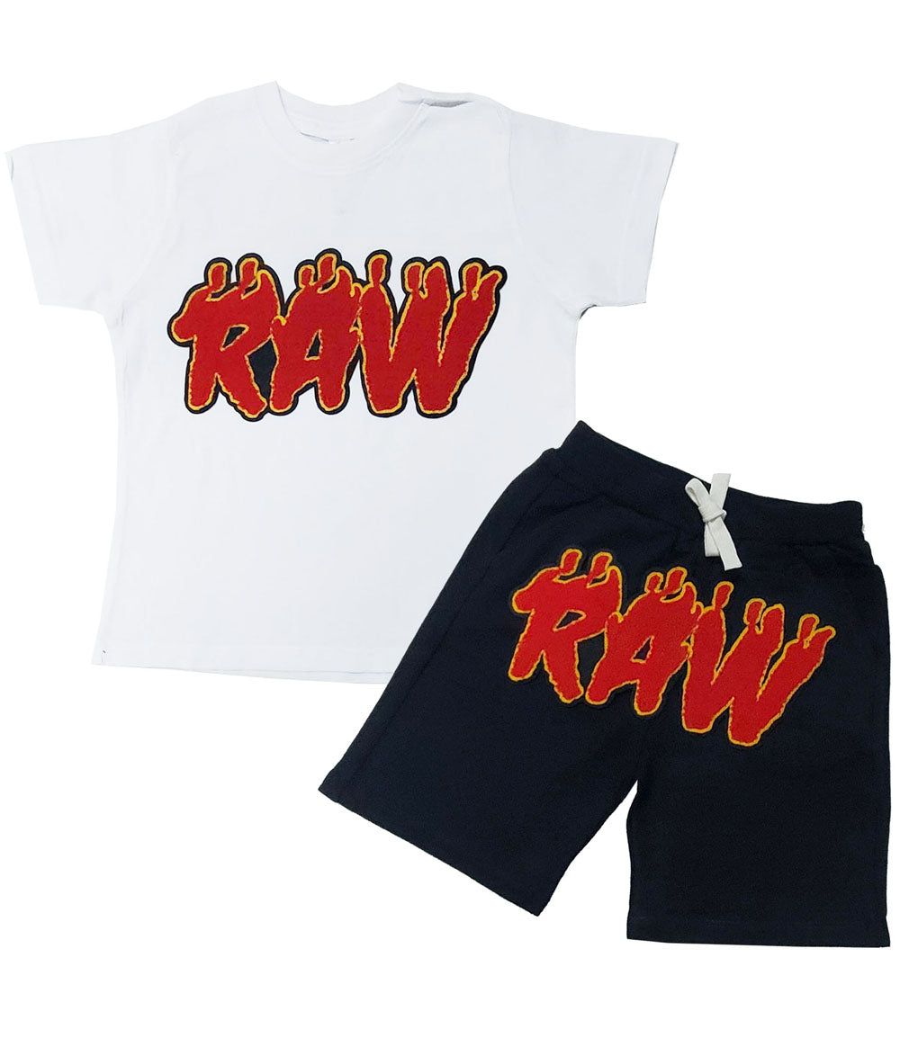 Kids RAW Flame Red Chenille Crew Neck and Cotton Shorts Set