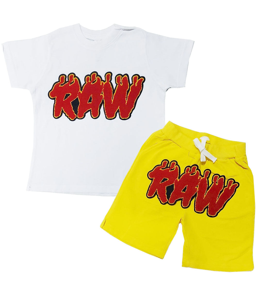 Kids RAW Flame Red Chenille Crew Neck and Cotton Shorts Set