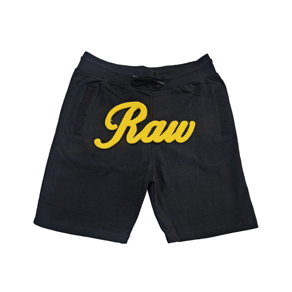 Men RAW Cursive Yellow Chenille Cotton Shorts - Rawyalty Clothing