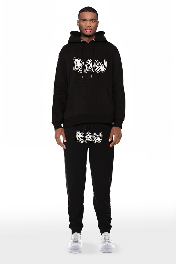 Men 003 RAW Black/White 3D Embroidery Hoodie and Jogger Set