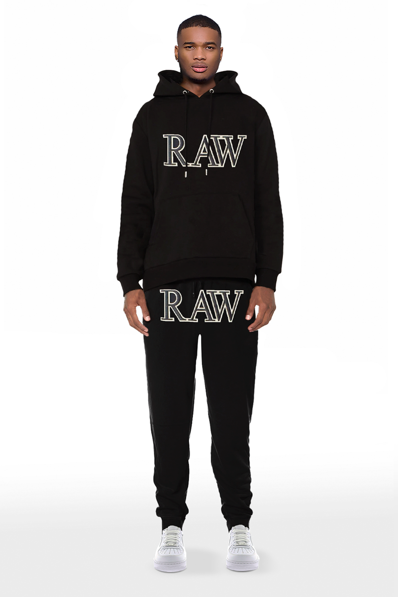 Men RAW 3D Black Chenille Hoodie and Joggers Set