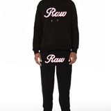 Men RAW Cursive White Chenille Hoodie and Joggers Set