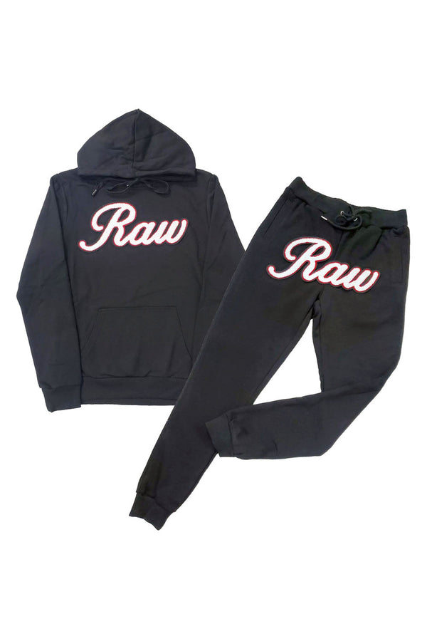 Men RAW Cursive White Chenille Hoodie and Joggers Set