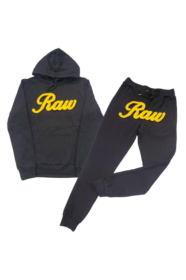 Men RAW Cursive Yellow Chenille Hoodie and Joggers Set
