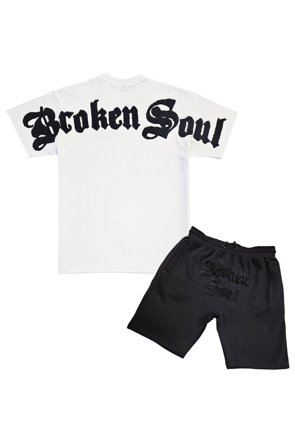 Men Broken Soul Black Chenille Oversized T-Shirt and Cotton Shorts Set