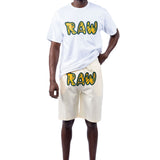 Men 003 RAW Green/Yellow 3D Embroidery T-Shirt and Cotton Shorts Set