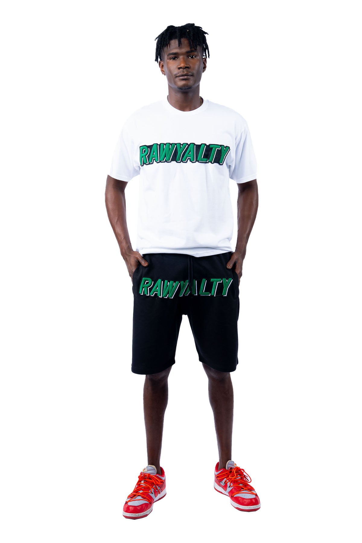 Men 004 RAWYALTY Green 3D Embroidery T-Shirt and Cotton Shorts Set