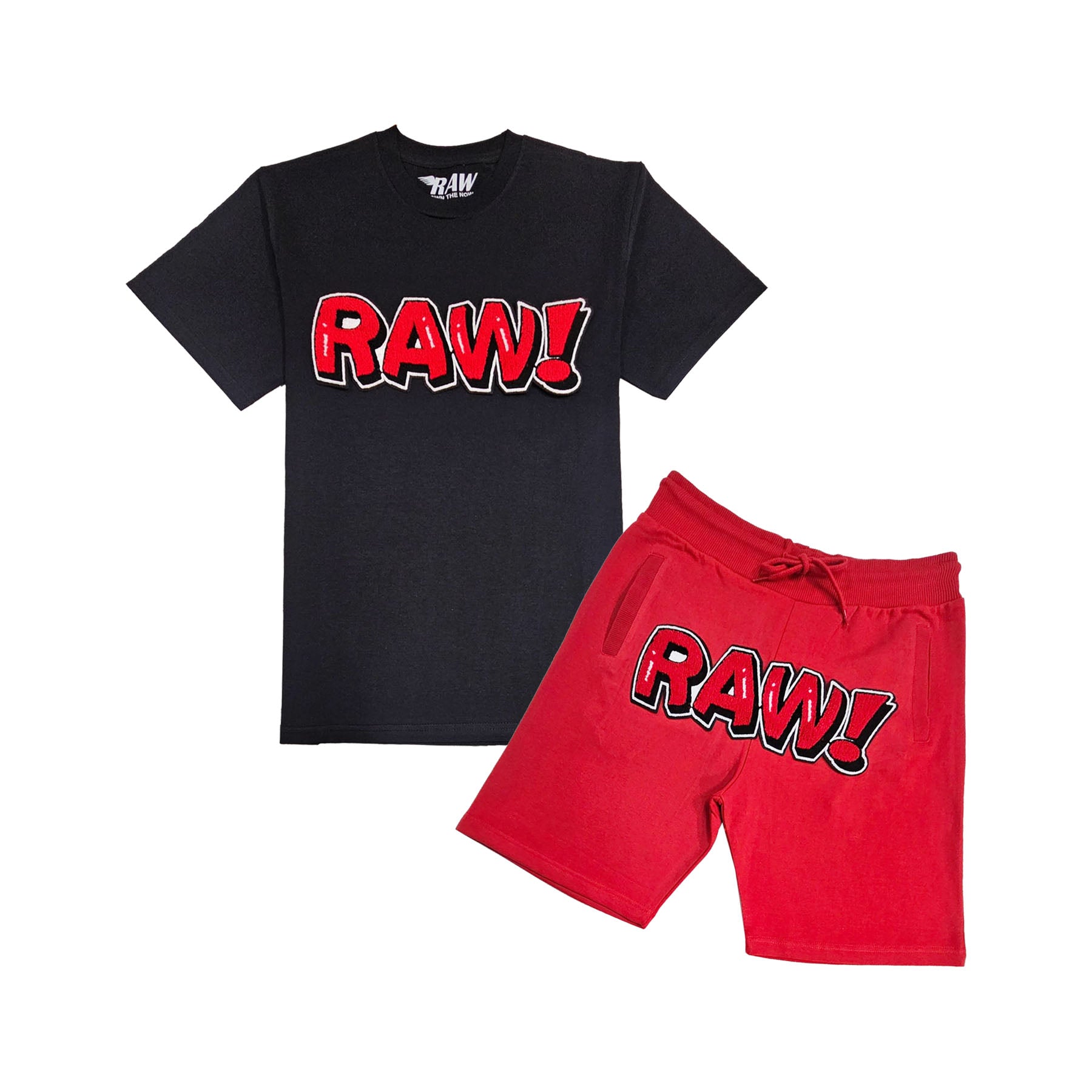 Men 006 RAW Bubble Red Chenille T-Shirt and Cotton Shorts Set