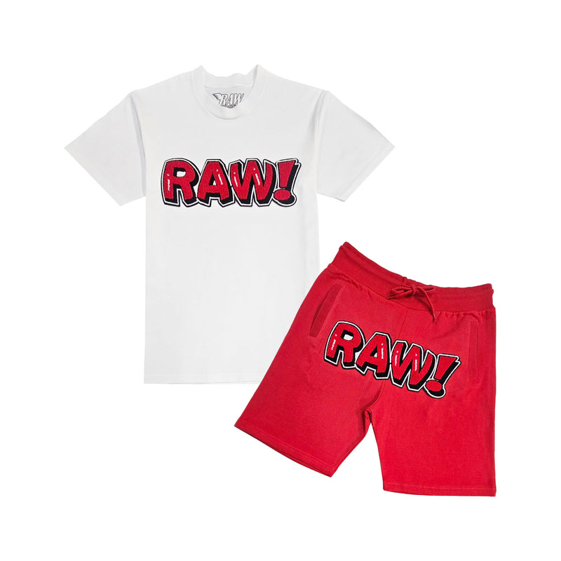 Men 006 RAW Bubble Red Chenille T-Shirt and Cotton Shorts Set
