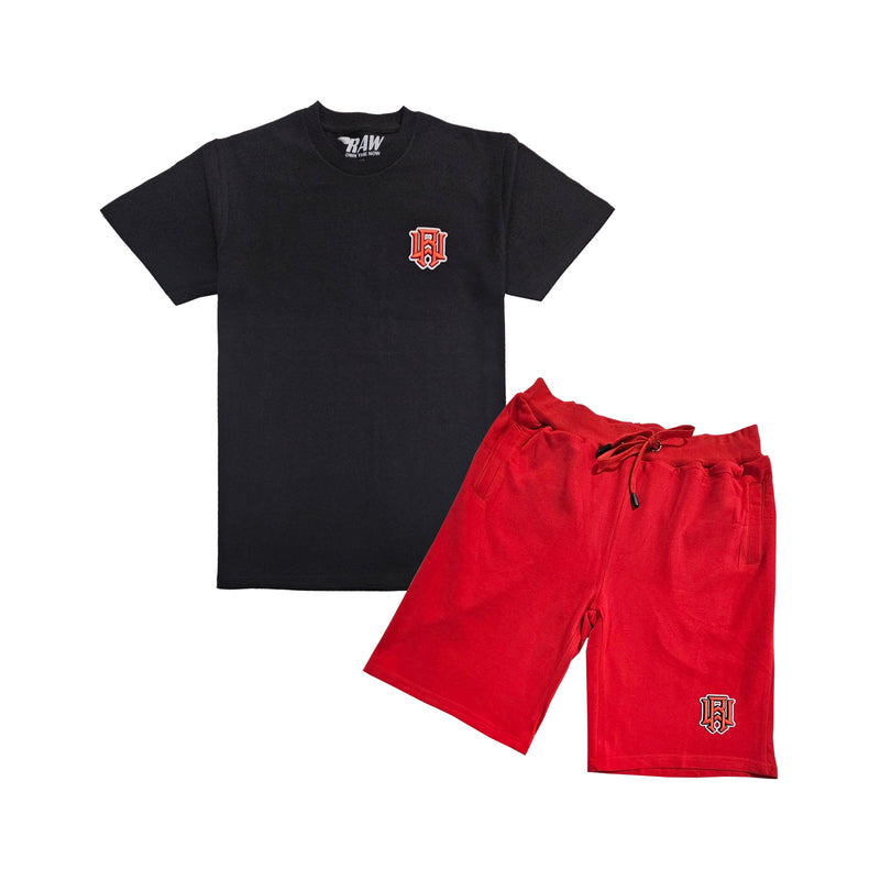 Men 3D Stitch Logo Red Embroidery Crew Neck T-Shirt and Cotton Shorts Set - Rawyalty Clothing