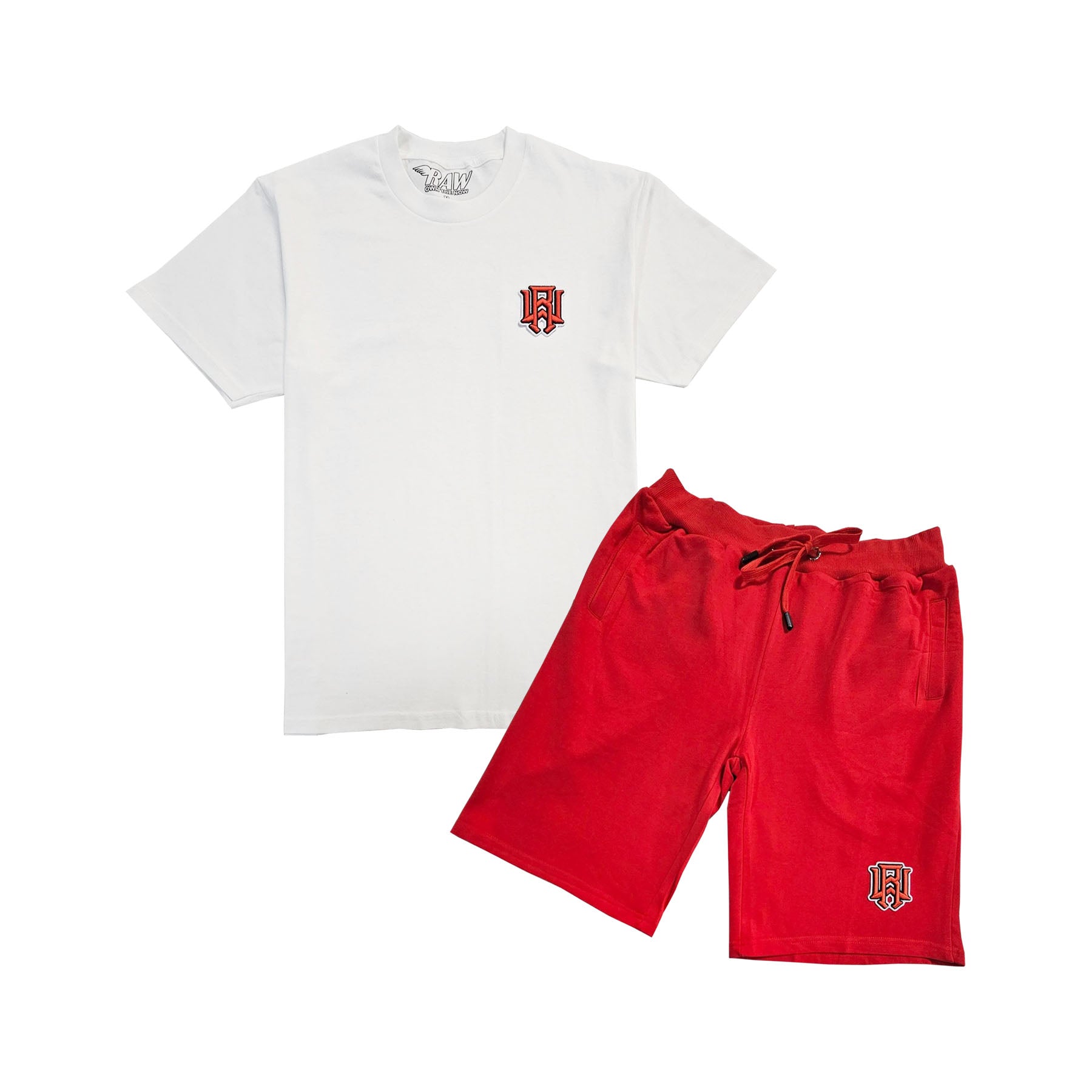 Men 3D Stitch Logo Red Embroidery Crew Neck T-Shirt and Cotton Shorts Set - Rawyalty Clothing