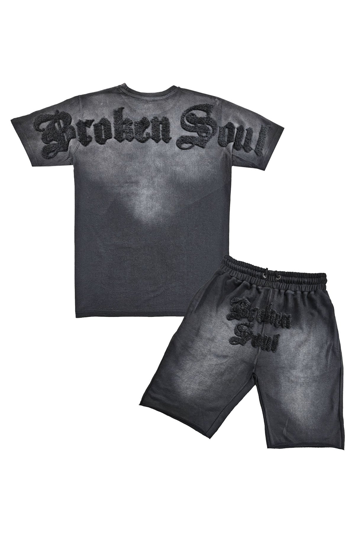 Men Broken Soul Black Chenille T-Shirt and Cotton Shorts Set
