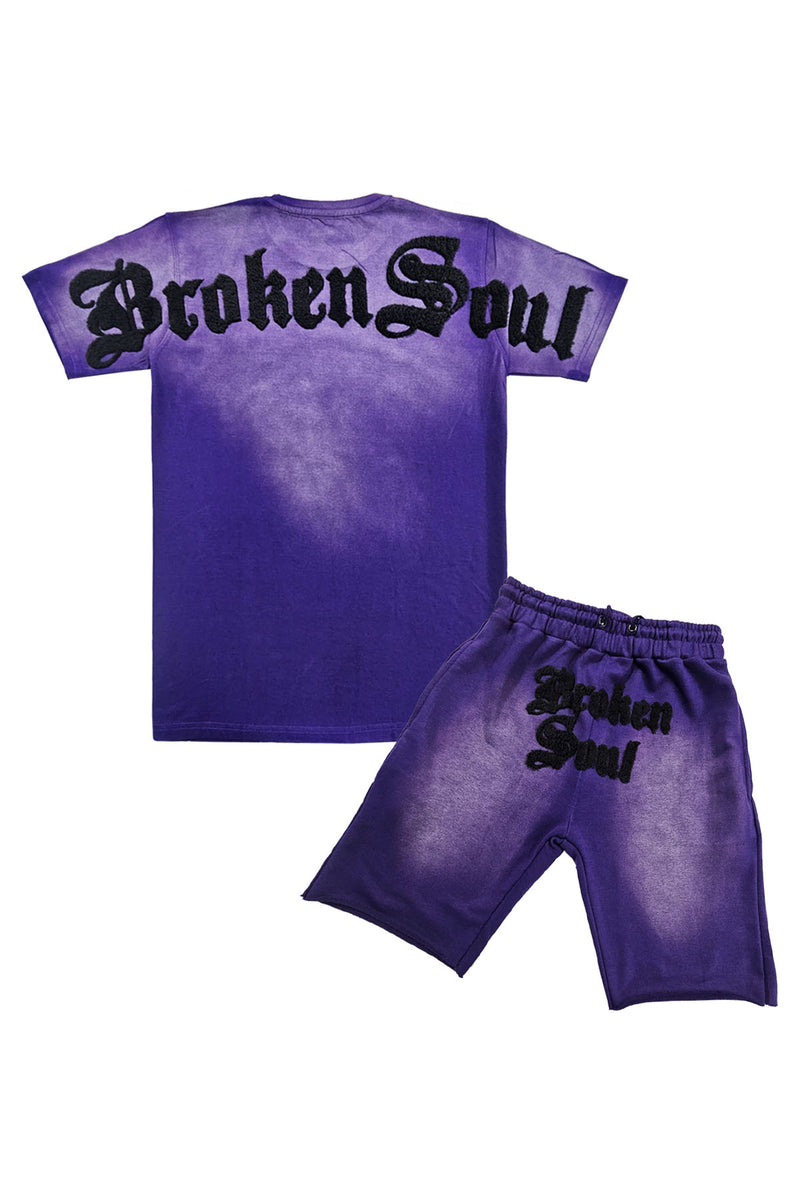 Men Broken Soul Black Chenille T-Shirt and Cotton Shorts Set