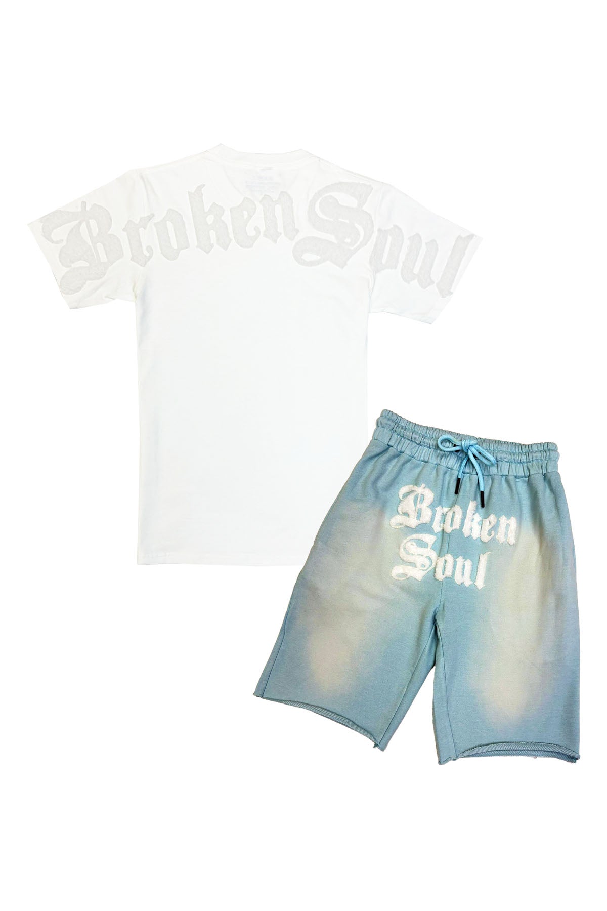 Men Broken Soul White Chenille T-Shirt and Cotton Shorts Set