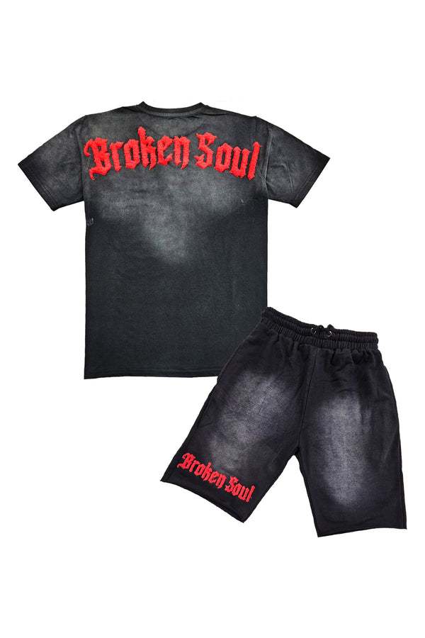 Men Broken Soul Try Me Chenille T-Shirt and Cotton Shorts Set
