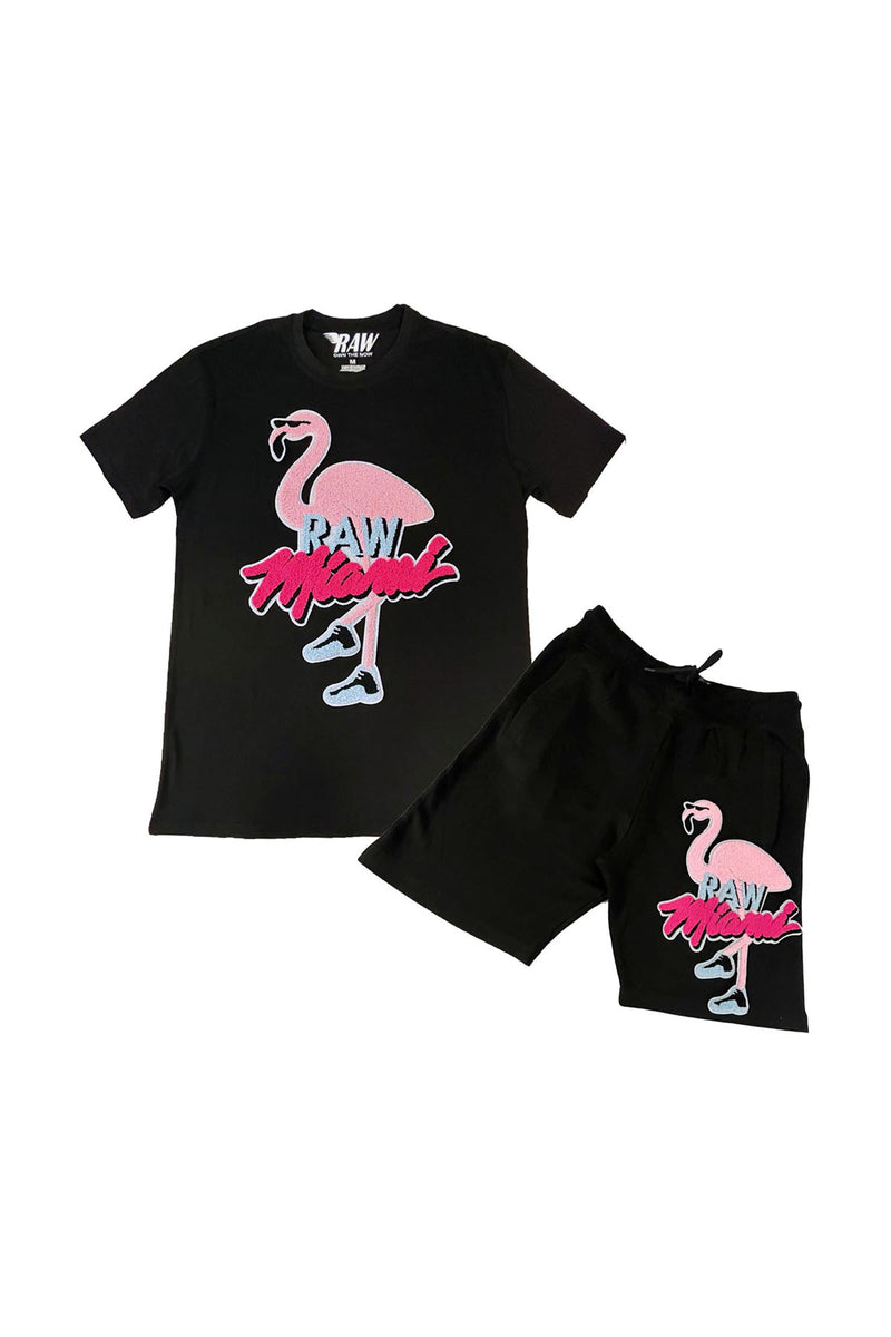 Men Flamingo Chenille Crew Neck and Cotton Shorts Set