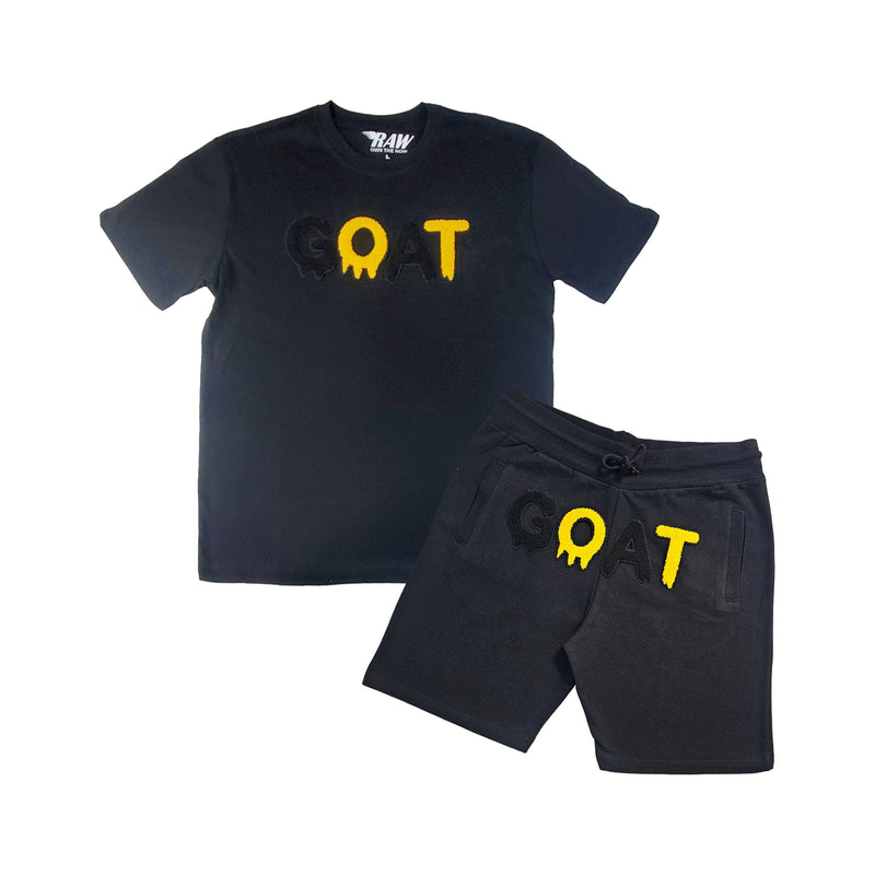 Men GOAT Black/Yellow Chenille Crew Neck T-Shirt and Cotton Shorts Set - Rawyalty Clothing