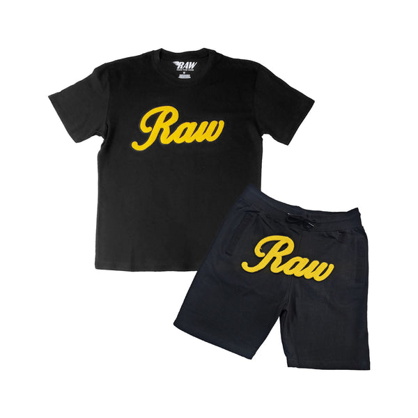 Men RAW Cursive Yellow Chenille T-Shirts and Cotton Shorts Set - Rawyalty Clothing