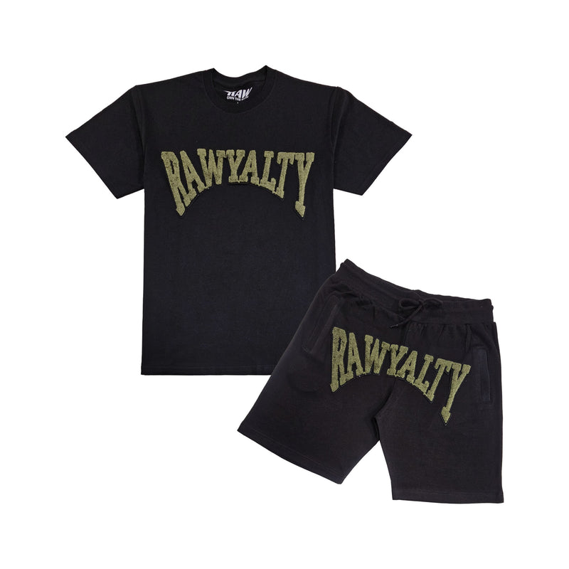 Men Rawyalty Olive Green Chenille T-Shirt and Cotton Shorts Set