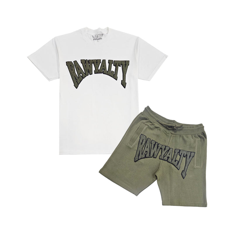 Men Rawyalty Olive Green Chenille T-Shirt and Cotton Shorts Set
