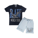 Men RAW World Tour Light Blue Bling Crew Neck T-Shirt and Cotton Shorts Set