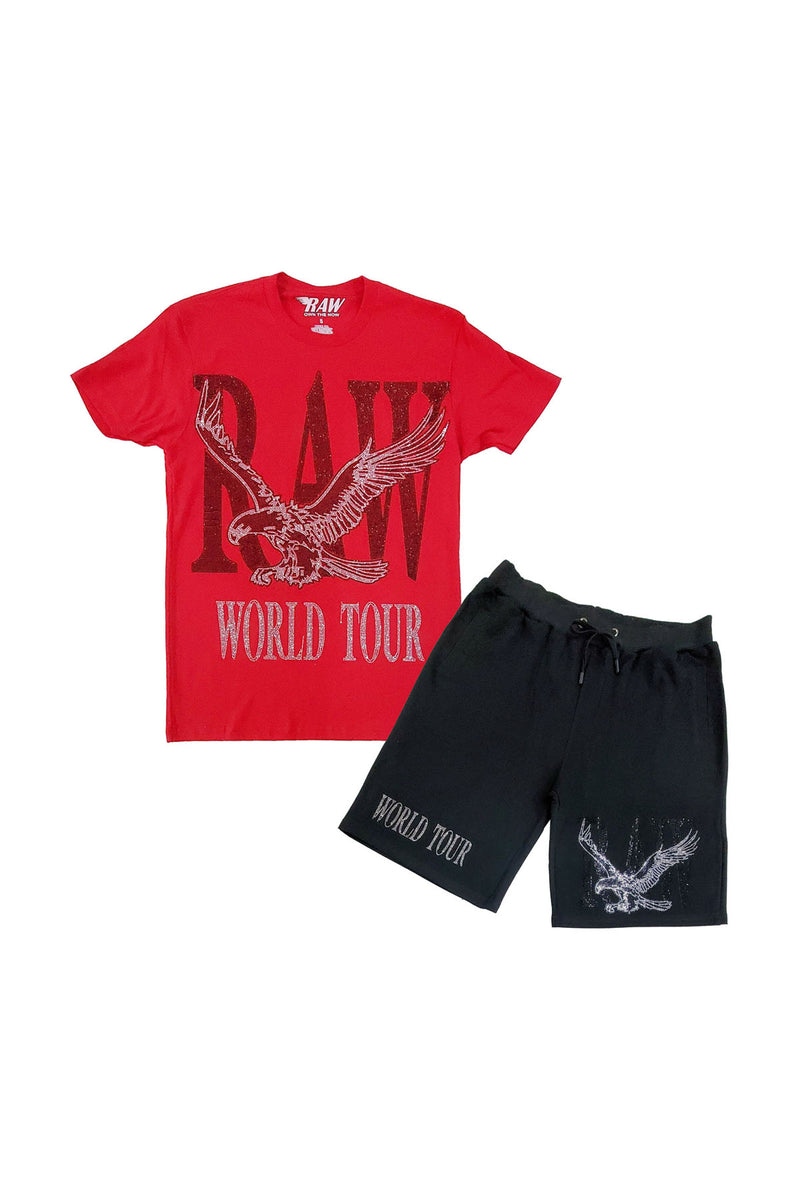 Men RAW World Tour Black Bling Crew Neck T-Shirts and Cotton Shorts Set