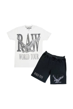 Men RAW World Tour Black Bling Crew Neck T-Shirts and Cotton Shorts Set