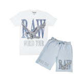 Men RAW World Tour Light Blue Bling Crew Neck T-Shirt and Cotton Shorts Set