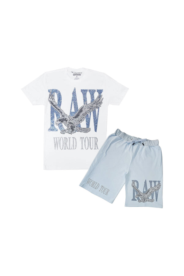 Men RAW World Tour Light Blue Bling Crew Neck T-Shirt and Cotton Shorts Set