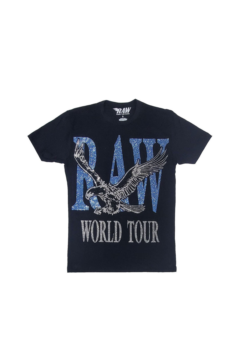Men RAW World Tour Light Blue Bling Crew Neck T-Shirt