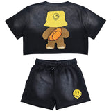 Women Smiley Teddy Embroidery Cropped T-Shirts and Cotton Shorts Set