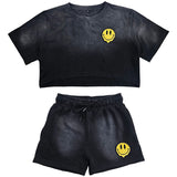 Women Smiley Teddy Embroidery Cropped T-Shirts and Cotton Shorts Set