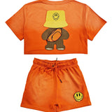 Women Smiley Teddy Embroidery Cropped T-Shirts and Cotton Shorts Set