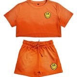 Women Smiley Teddy Embroidery Cropped T-Shirts and Cotton Shorts Set