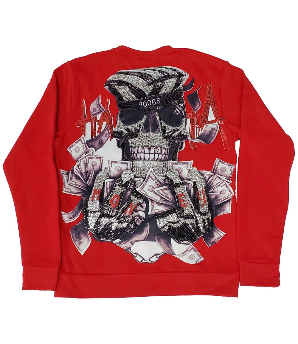 HATA Skull Hand Made Sequin Long Sleeves - Red - Rawyalty Clothing