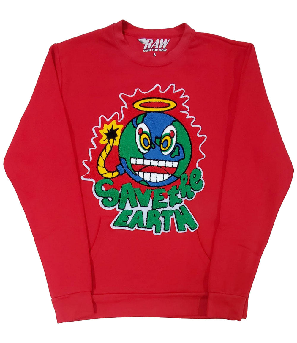Men Save The Earth Chenille Long Sleeves - Red - Rawyalty Clothing