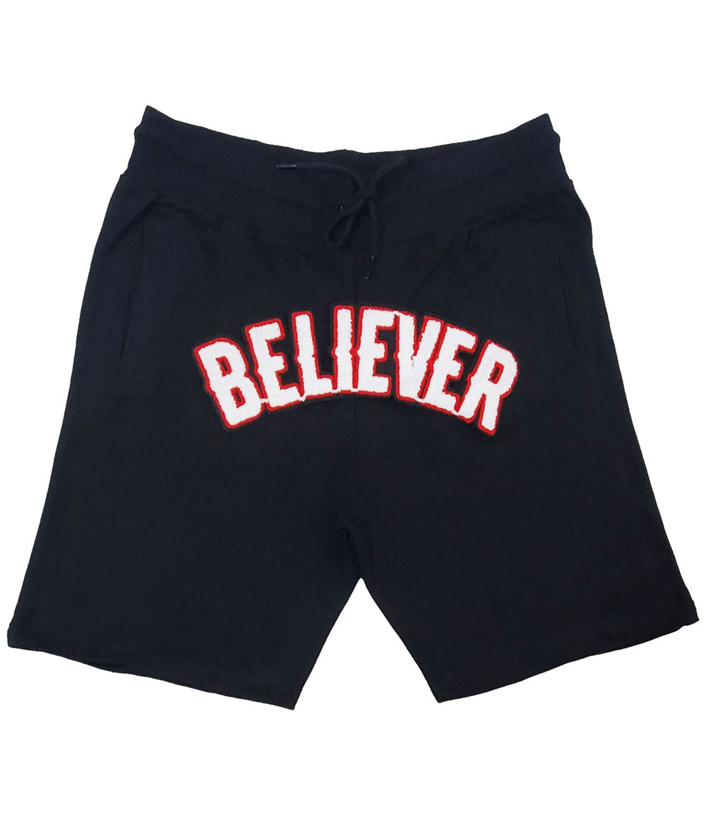 Men BELIEVER Chenille Cotton Shorts - Black - Rawyalty Clothing