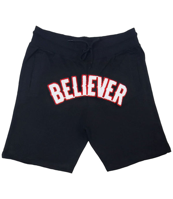 Men BELIEVER Chenille Cotton Shorts - Black - Rawyalty Clothing