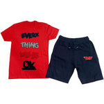 Everything Will Be Okay Chenille Crew Neck and Cotton Shorts Set - Red Tees / Navy Shorts - Rawyalty Clothing