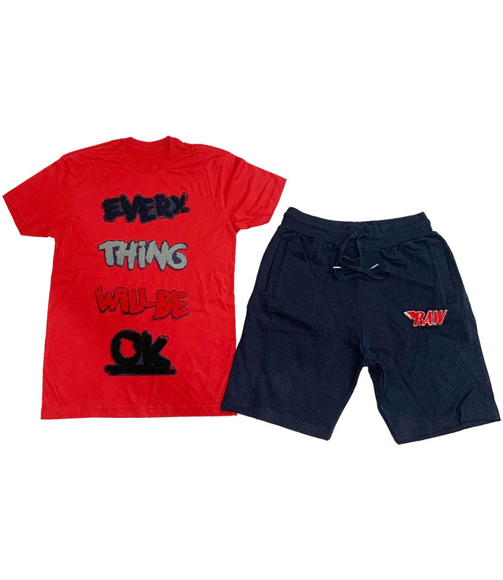 Everything Will Be Okay Chenille Crew Neck and Cotton Shorts Set - Red Tees / Navy Shorts - Rawyalty Clothing