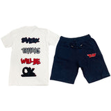 Everything Will Be Okay Chenille Crew Neck and Cotton Shorts Set - White Tees / Navy Shorts - Rawyalty Clothing