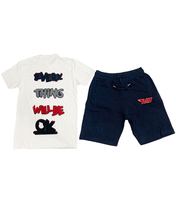 Everything Will Be Okay Chenille Crew Neck and Cotton Shorts Set - White Tees / Navy Shorts - Rawyalty Clothing