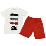 Everything Will Be Okay Chenille Crew Neck and Cotton Shorts Set - White Tees / Red Shorts - Rawyalty Clothing